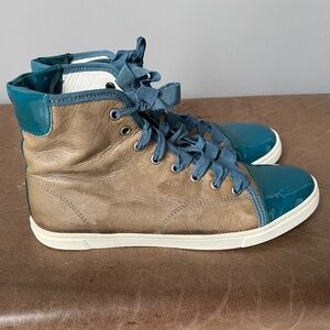 Lanvin Brown Leather and Teal Patent High-Top Sneakers